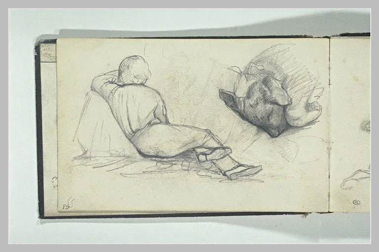 Jeune homme couché; chien (à l'envers)
