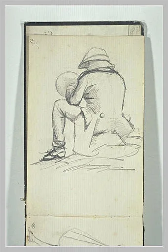 Homme assis sur le sol, de dos (en hauteur)