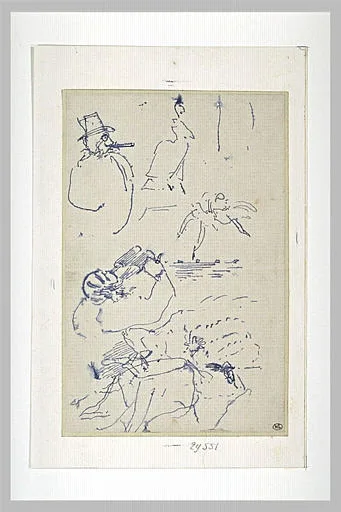 Croquis: homme coiffé d'un chapeau, silhouette de femme, et deux danseuses