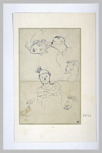 Tête de femme et d'homme, clown en buste et deux profils d'homme barbus