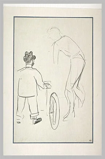 Lautrec de dos, semble tenir une bicyclette, et silhouette d'un cycliste