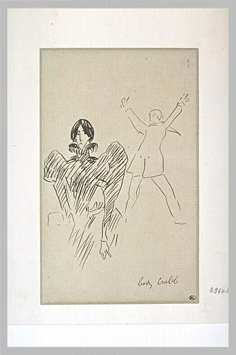 Femme vêtue d'une robe à manches bouffantes, et homme vu de dos fuyant