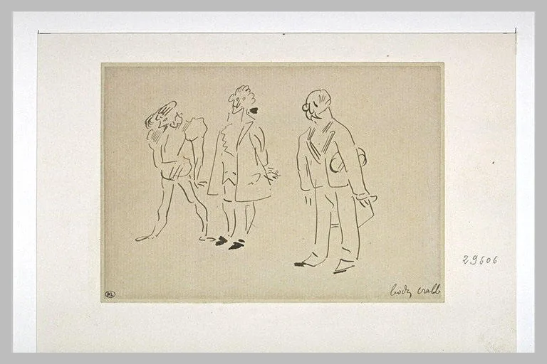 Trois personnages, en costume Henri III, Louis XIV, de soirée, saluant