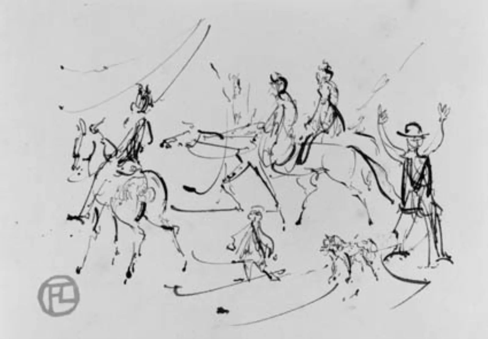 Skitseblad med tre ryttere, to stående figurer og en hund