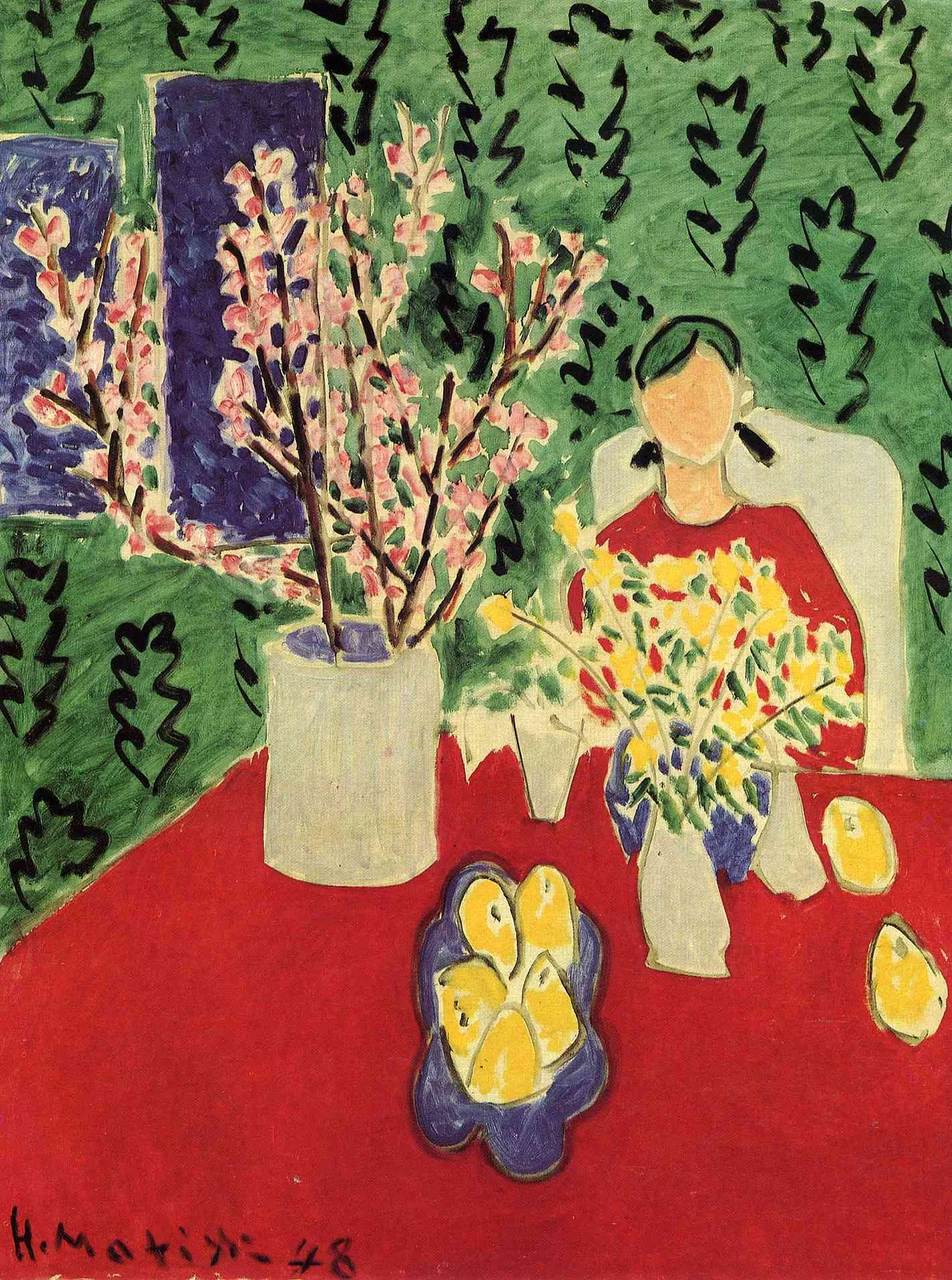 Branche de prunier, fond vert