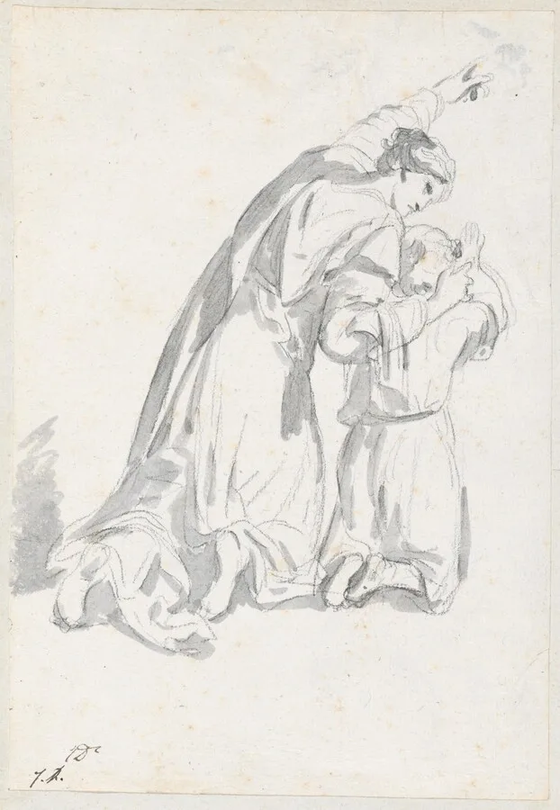 Kneeling Woman Instructing a Child