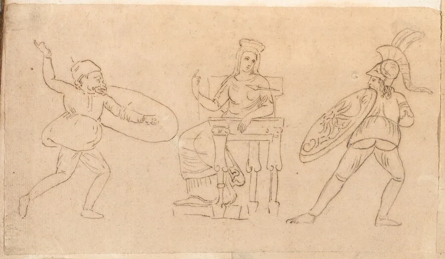 Comic Warrior, Seated Woman, and Figure with a Shield