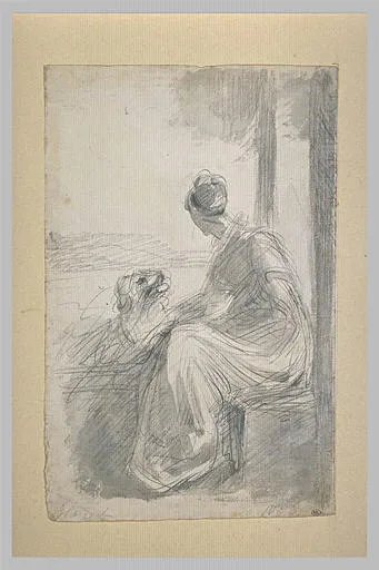 Jeune femme assise sur une balustrade, se détournant, dans un paysage