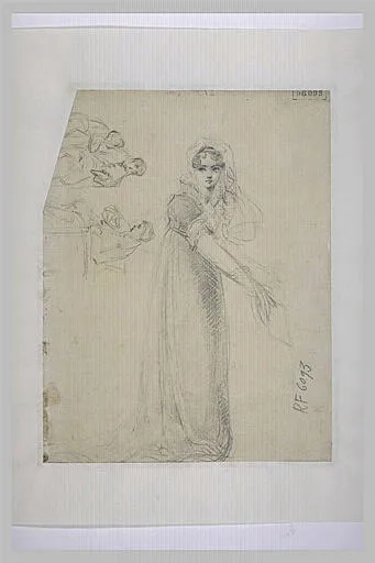 Jeune femme debout, et trois autres personnages