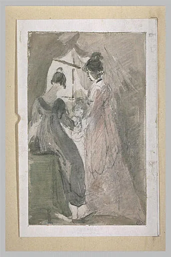Deux dames et une fillette près d'une fenêtre