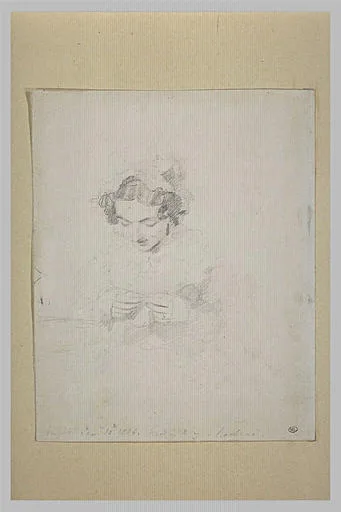 Jeune femme coiffée d'un bonnet et cousant