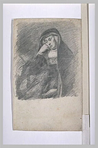 Femme assise, de trois quarts vers la gauche, la joue sur la main droite