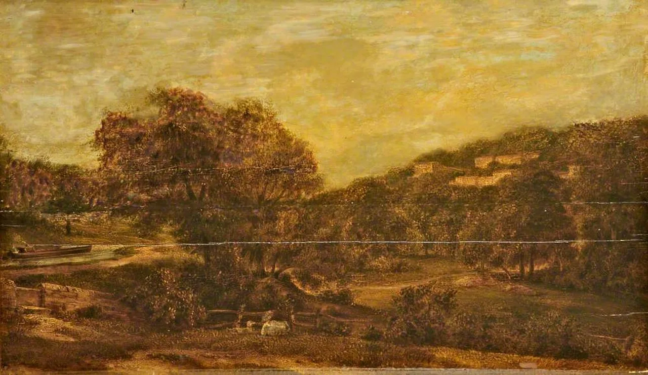 Wooded Valley with a Stream and Houses on a Hillside
