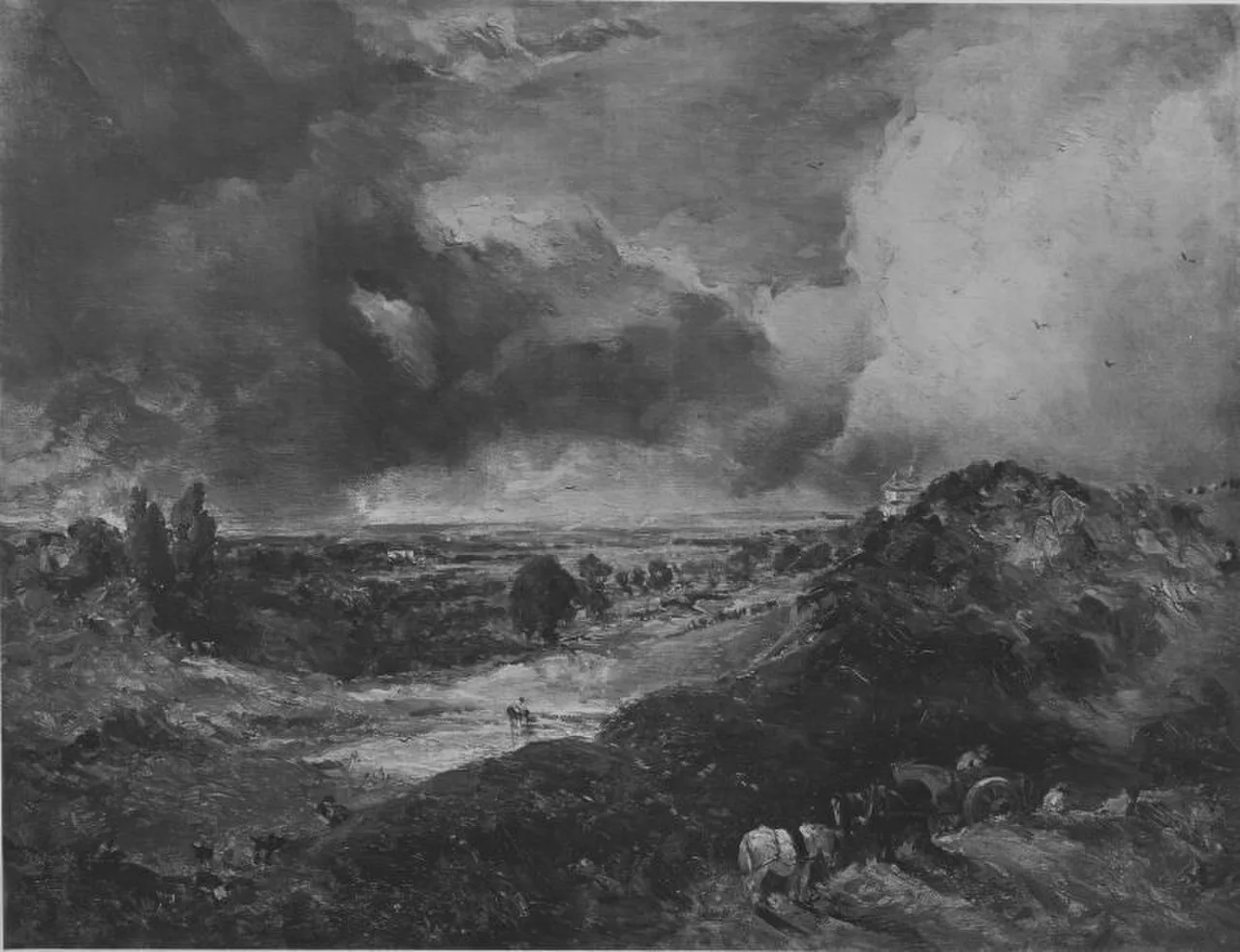 Landschaft mit Fernblick und Gewitterhimmel (Hampstead Heath mit Branch Hill Pond) (Umkreis)