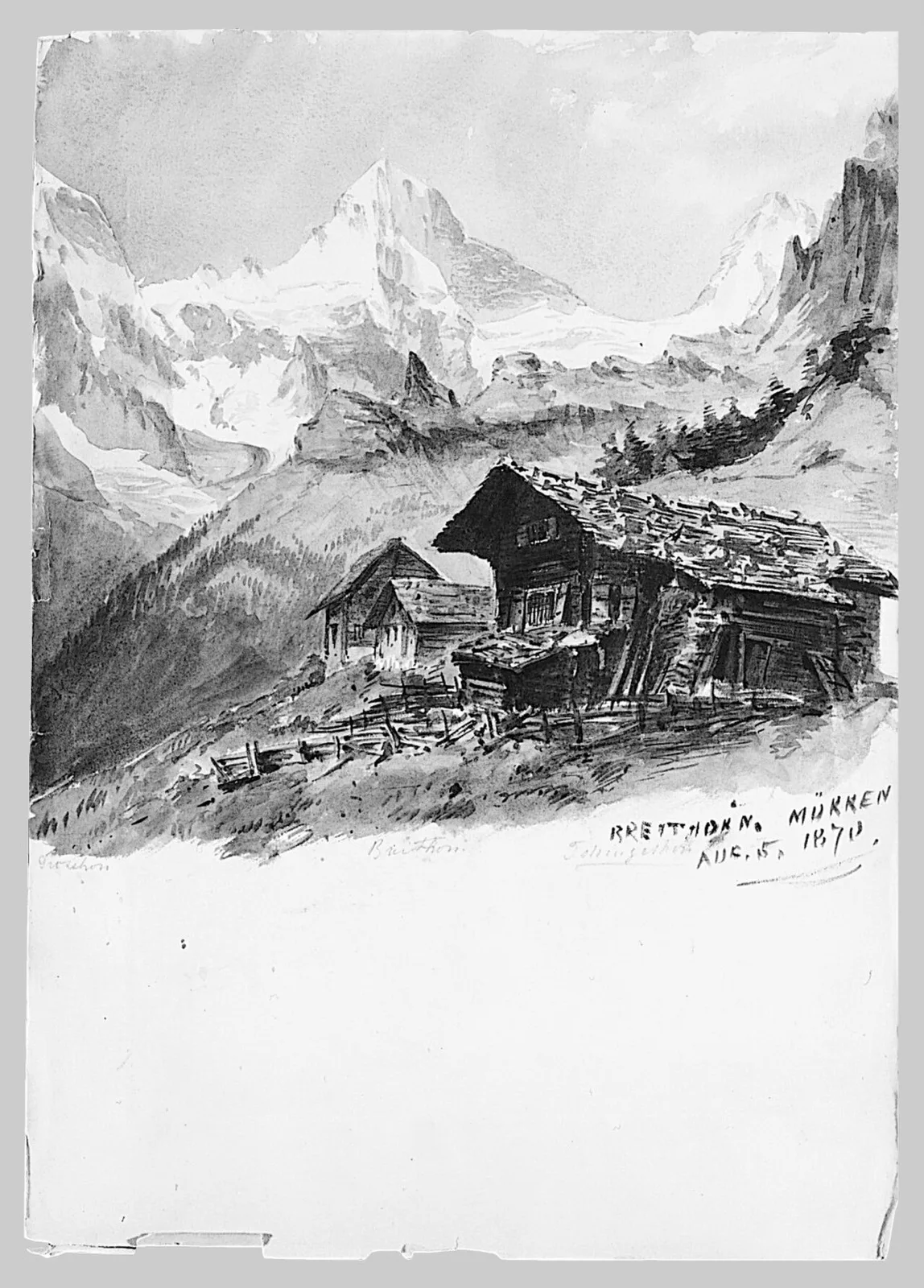 Chalets, Breithorn, Mürren (from "Splendid Mountain Watercolours" Sketchbook), Recto