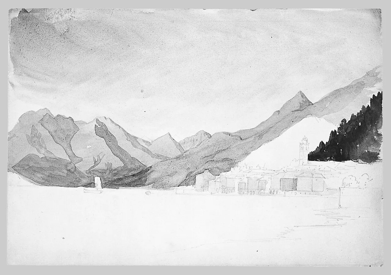 Town at Edge of Mountain Lake (from Switzerland Sketchbook) (No. 1)