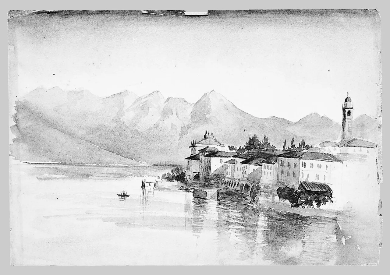 Town at Edge of Mountain Lake (from Switzerland Sketchbook) (No. 2)