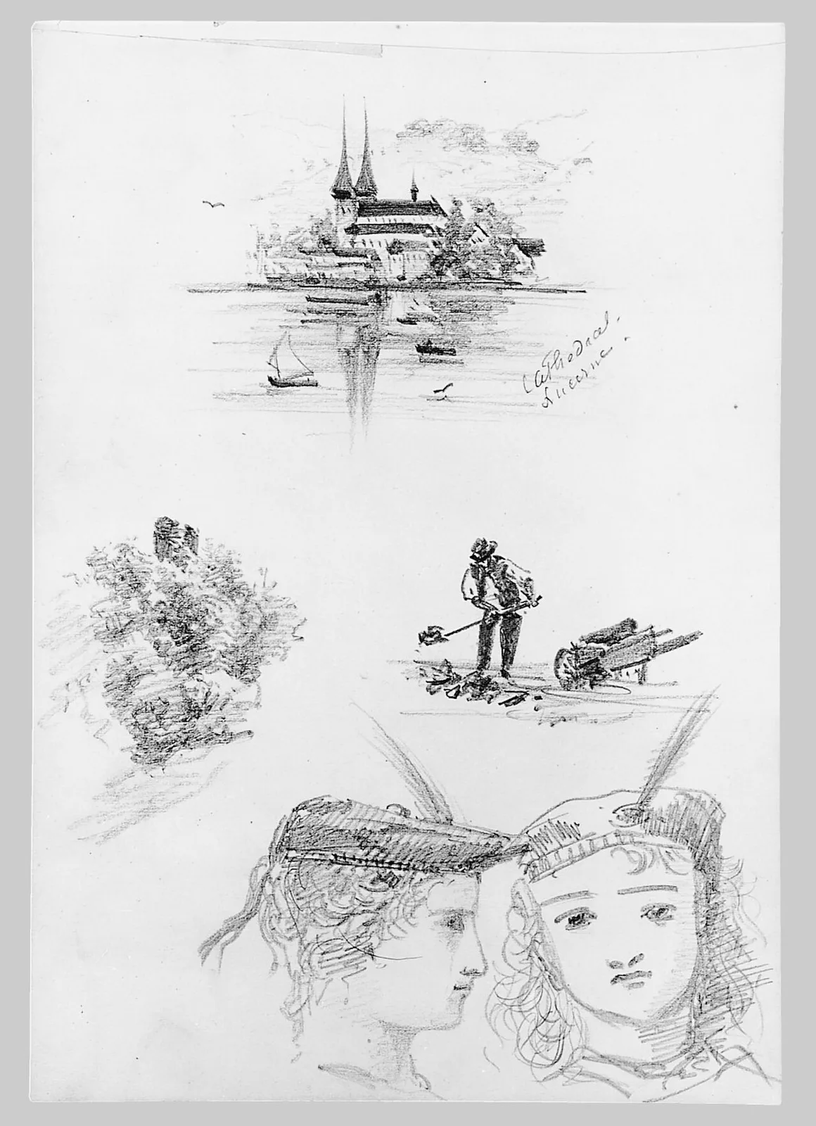 Lucerne Cathedral, Farmer in Field, Foliage, Two Children (from Switzerland Sketchbook)