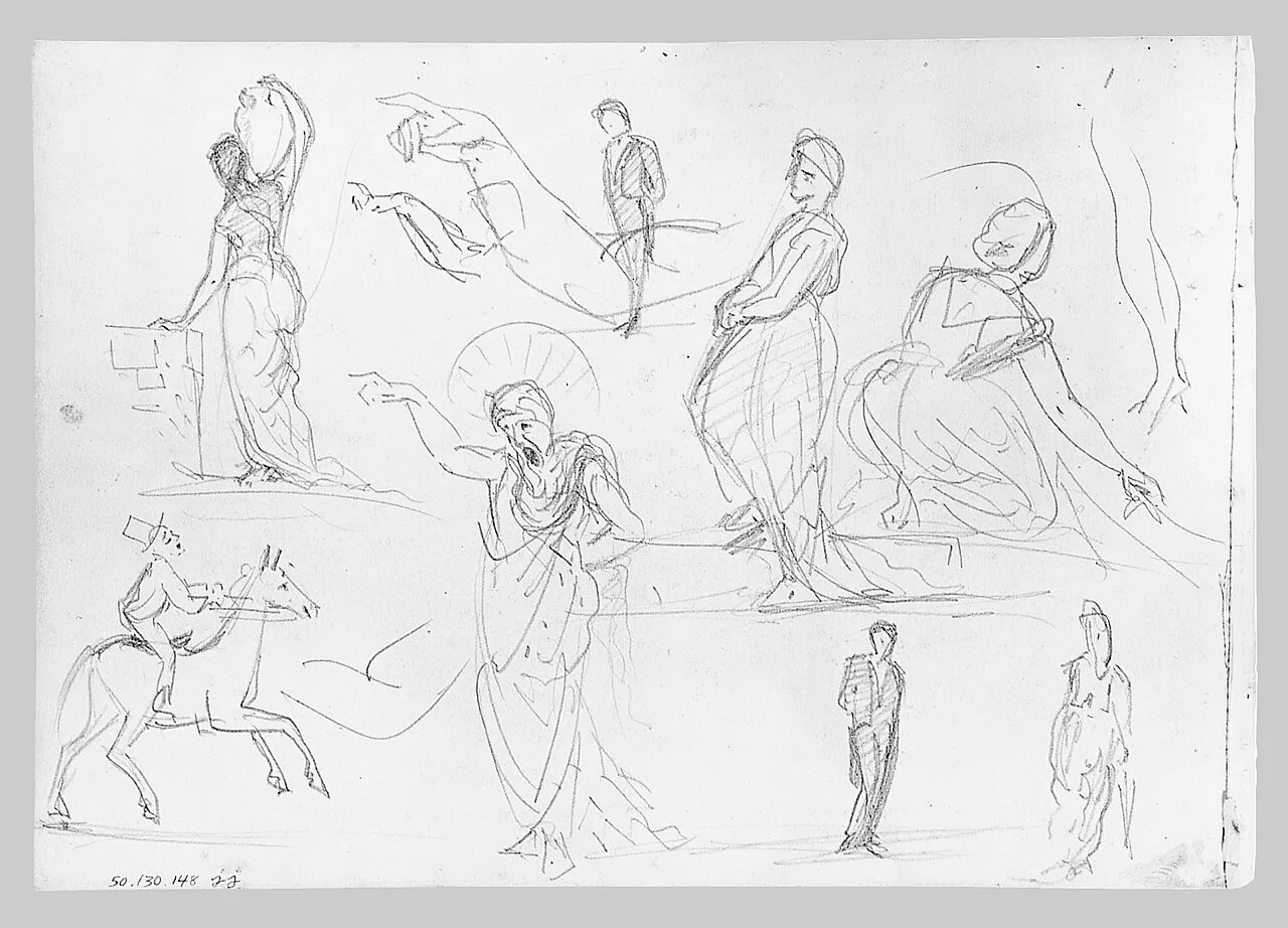 Man on Horseback, Woman Carrying a Jug, Figure with Halo, and other Figure Studies (from Switzerland Sketchbook)