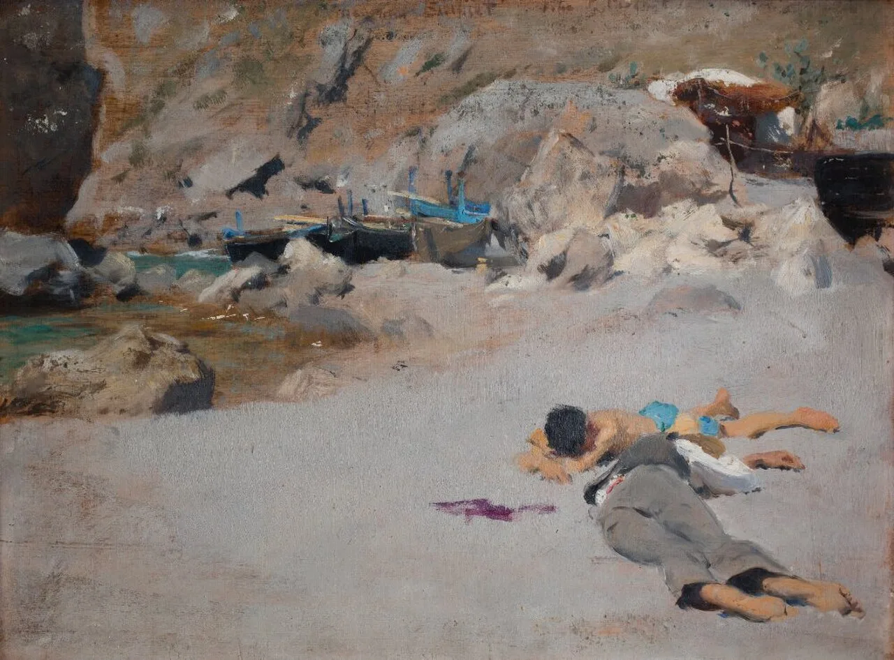 Two Boys on a Beach with Boats