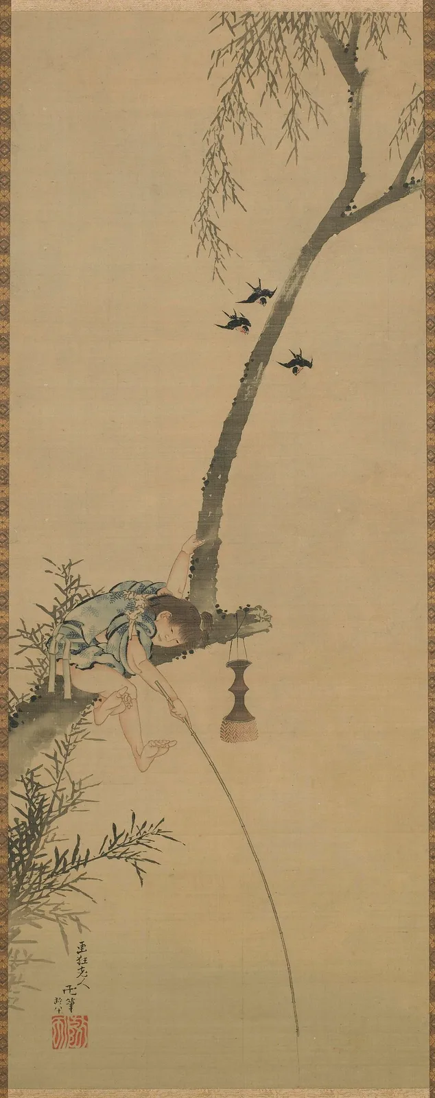 Boy fishing from the limb of a tree