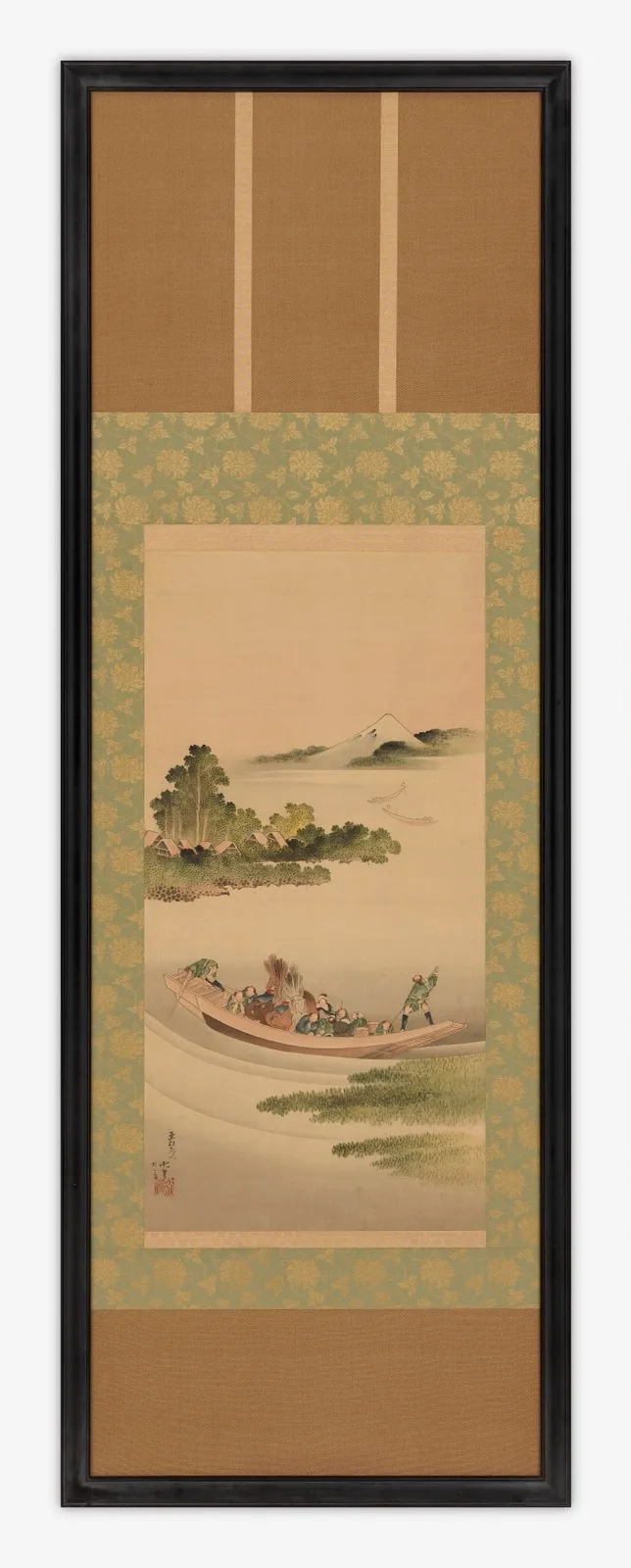 River landscape: ferry-boat and Mount Fuji