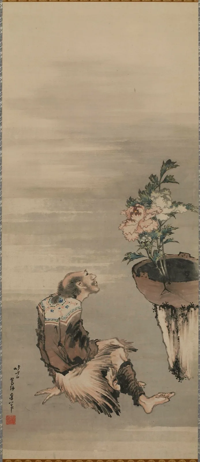 A Seated Man Looking at Potted Peonies