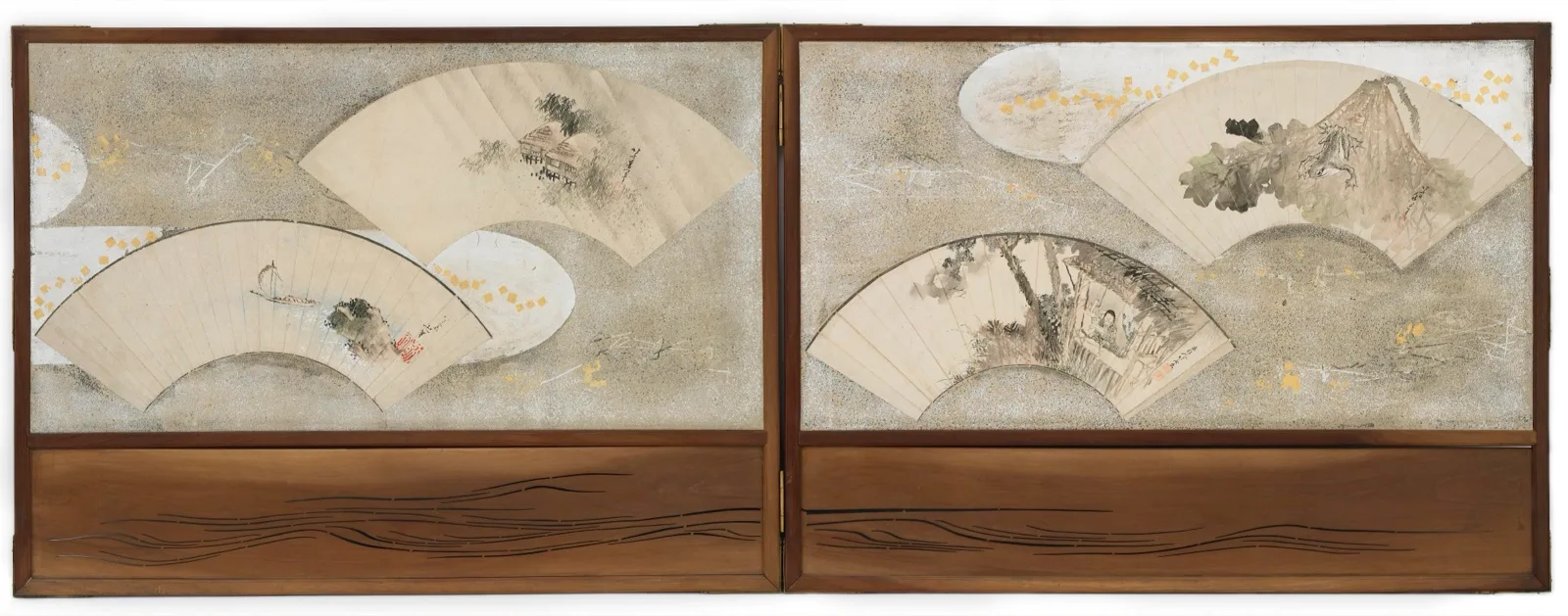 Four fan paintings mounted on a screen; "Frog on Lotus Leaf", "Scholar in a House", "Landscape", and "Boat and Rock"