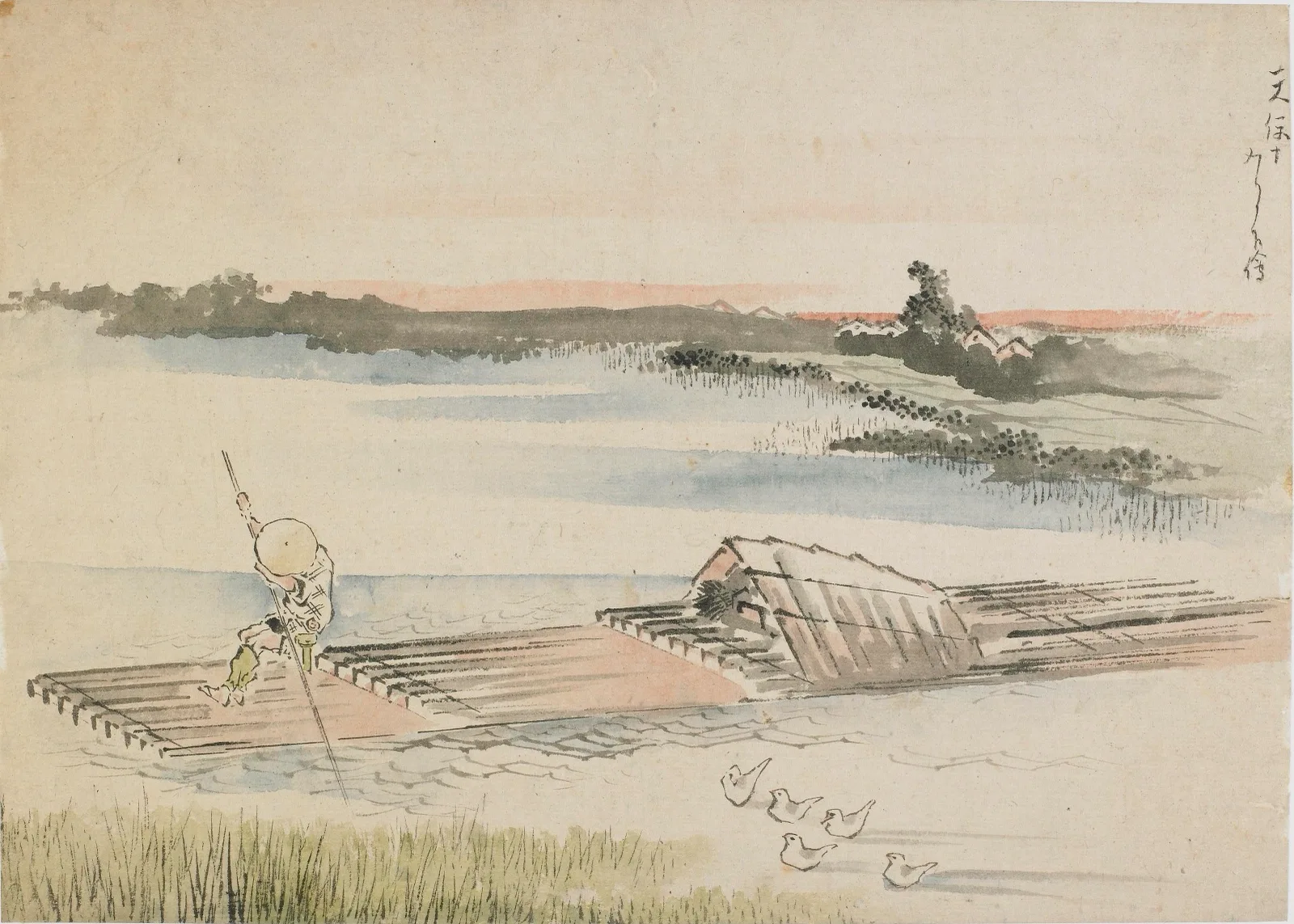Landscape: boatman poling his raft
