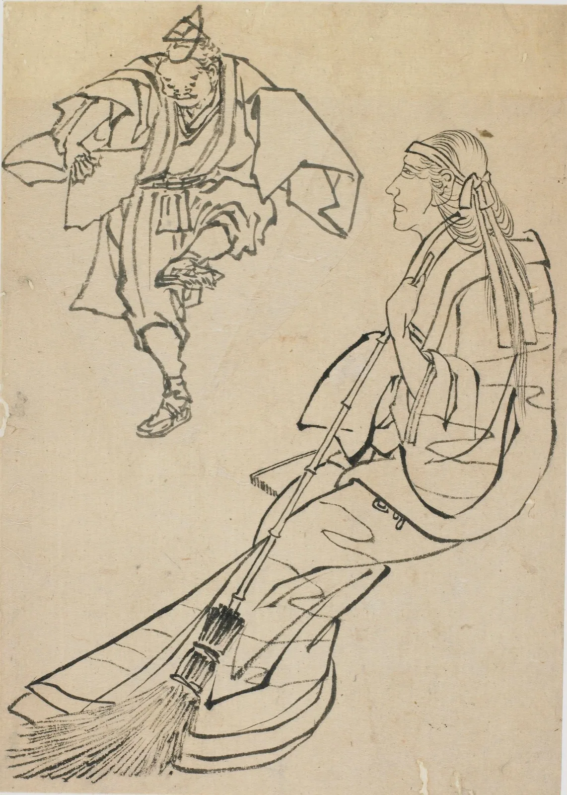 Old woman seated on bench before whom a man with fan dances