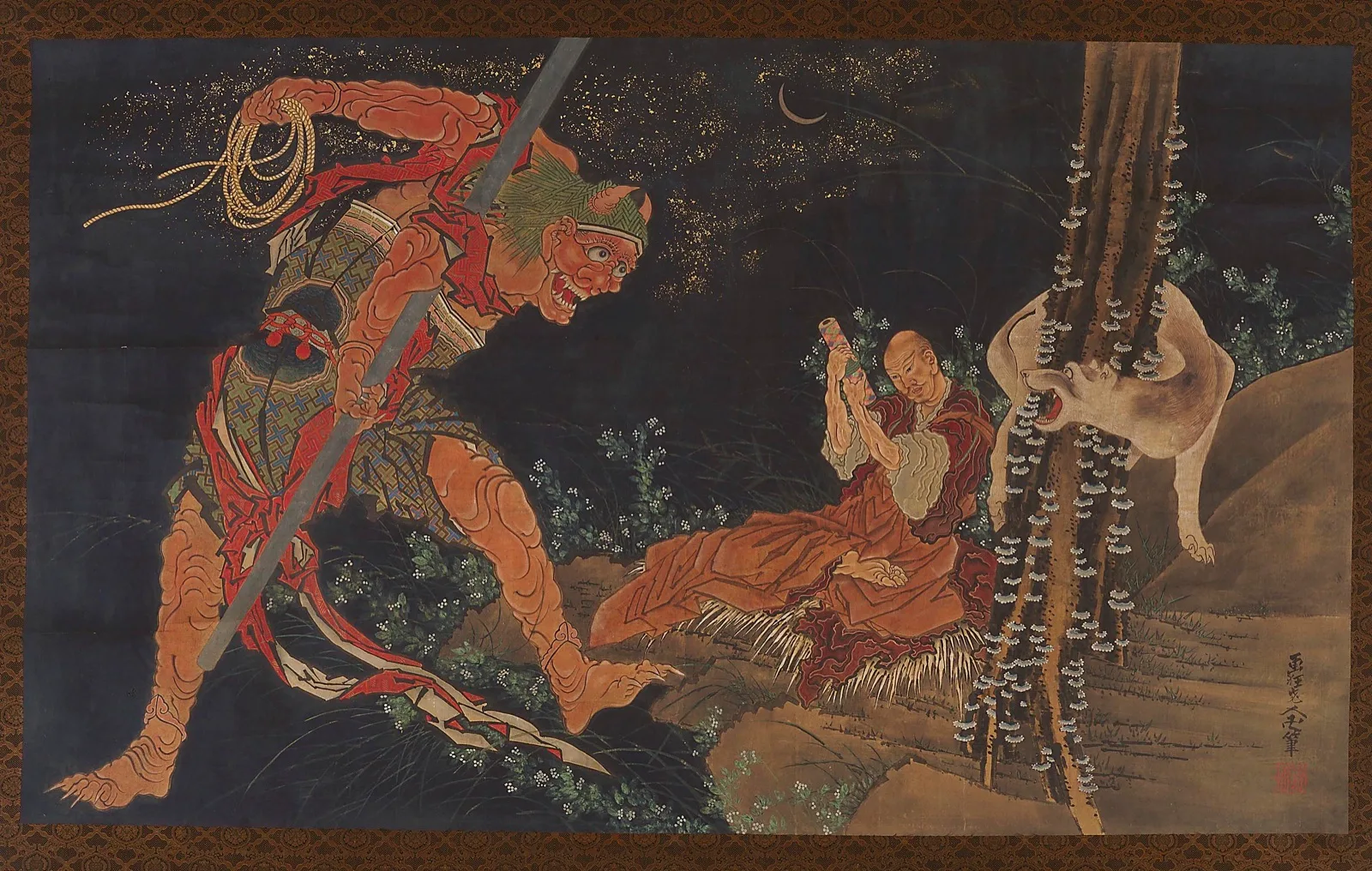 A Priest (Kōbō Daishi) practicing the Tantra, a demon before him, and a wolf behind