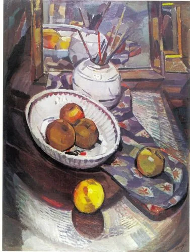 Still life with ginger jar with brushes