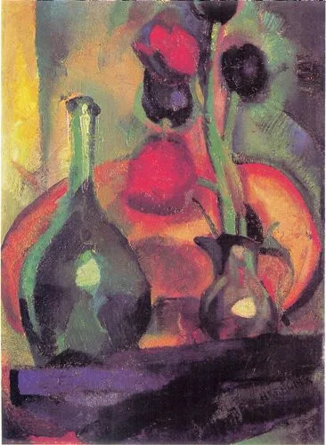 Still life with tulips in a vase and a bottle