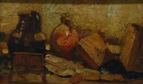 Still life with books and pottery