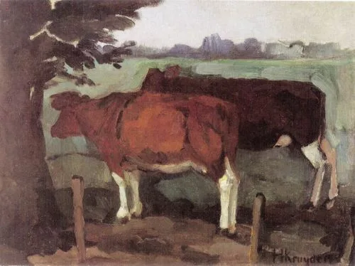 Two cows under a tree