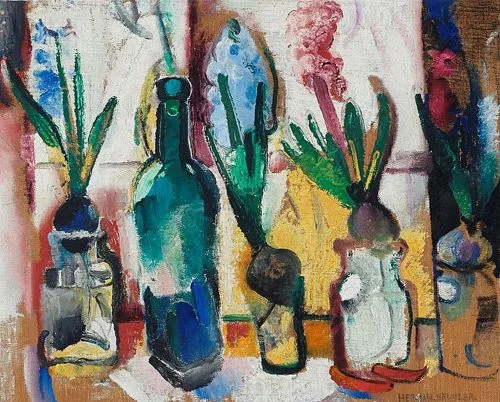 Still life with hyacinths in pots and bottle