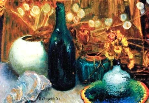 Still life with bottle, thistles and shell