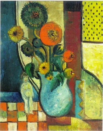 Still life with a vase of flowers and an image of a female nude