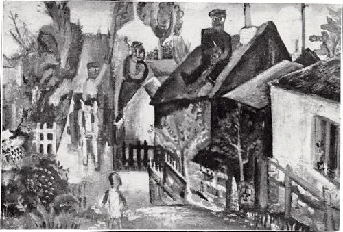 Village street with farms and villagers