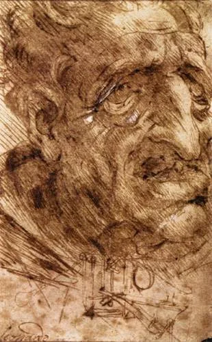 Drawing of a Grotesque Male Head and Sketch of a Flying Machine