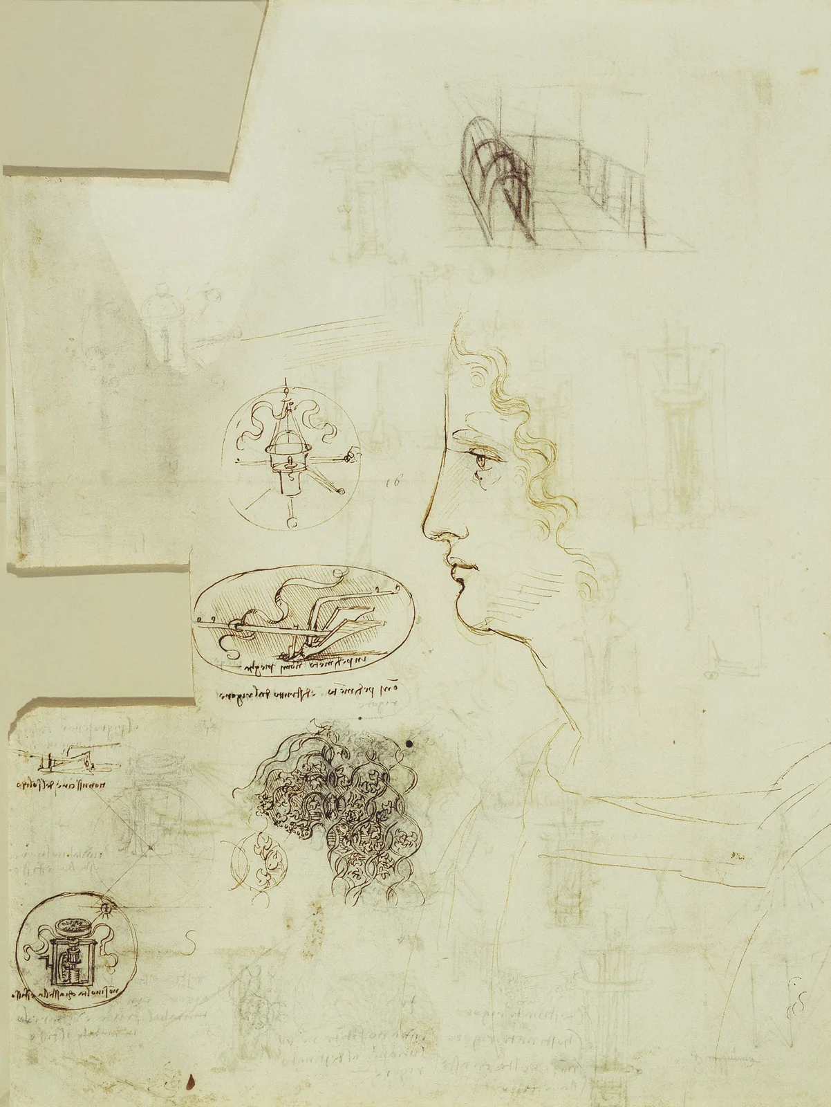 Drawings of Various Emblems (Lantern, Plough and Compass) and Profile Study of a Young Man