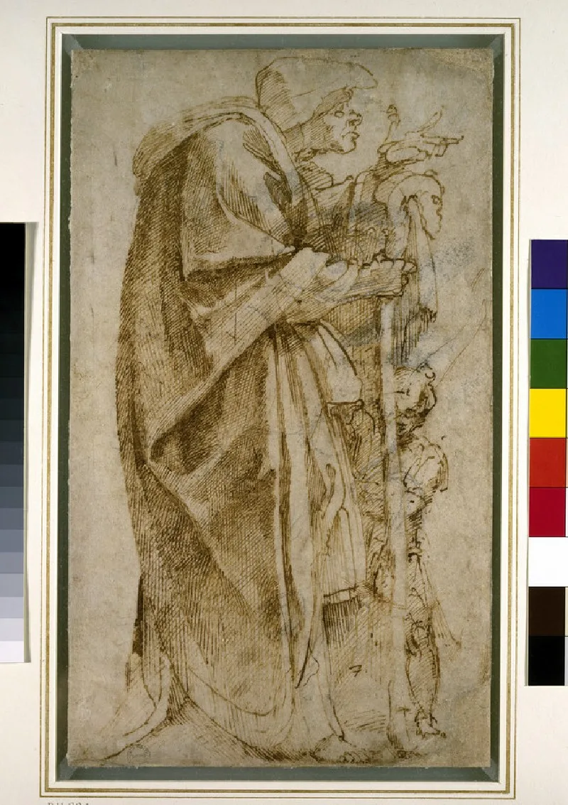 An old Woman resembling a Witch with a Boy standing beside her