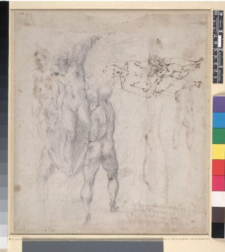 A group of three nude men, one seen from behind