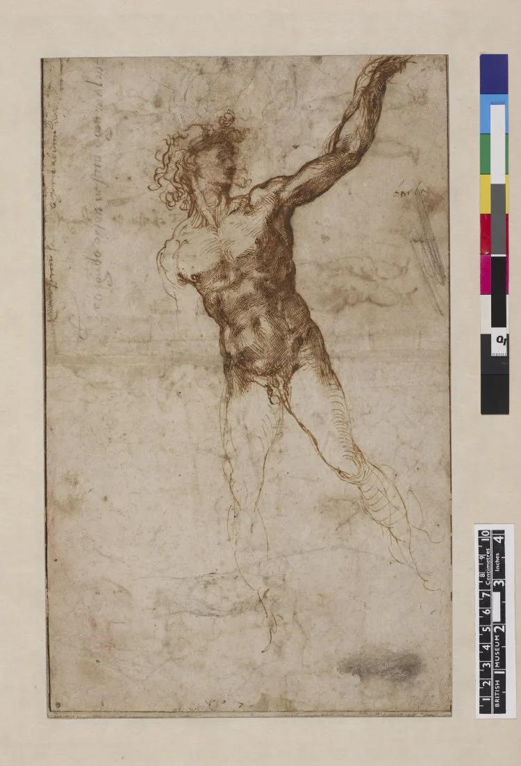 A nude young man, to front, looking to r., beckoning