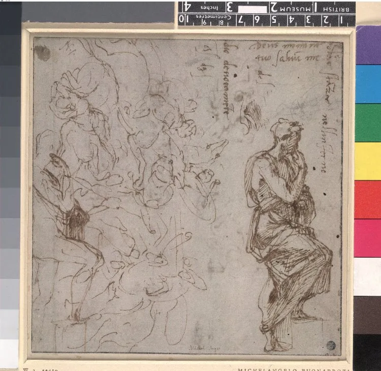Two studies of a standing man with one leg raised, and a battle-scene