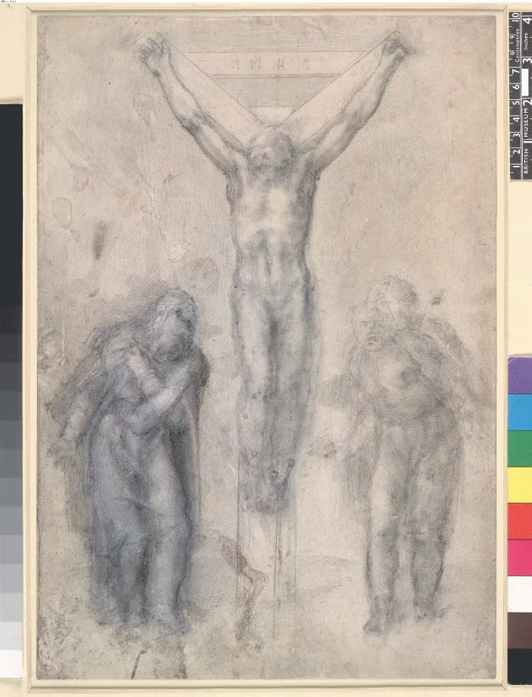 Christ on the Cross between the Virgin and St John; the arms of Christ forming a 'V' shape