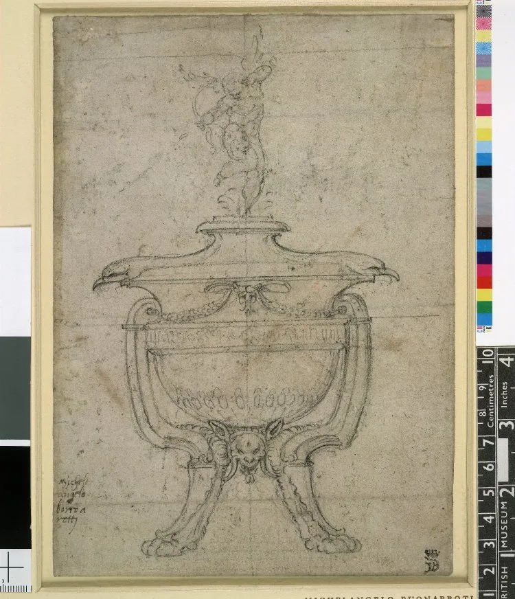Design for a salt cellar; on tall lionine feet, a grotesque mask at the base, lid with eagles' heads and surmounted by Cupid shooting an arrow