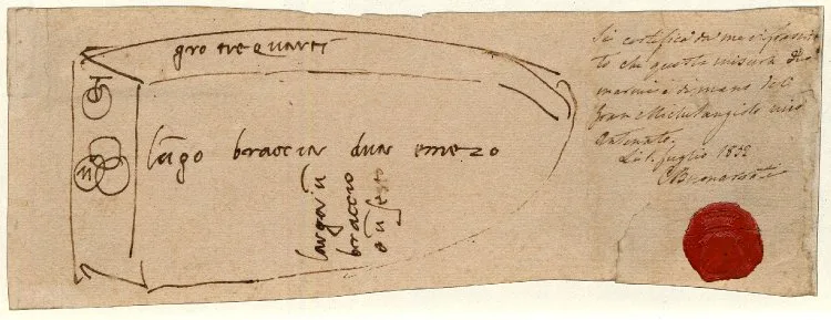 Diagram of a rectangular marble block, rounded at one end and inscribed with symbols and measurements