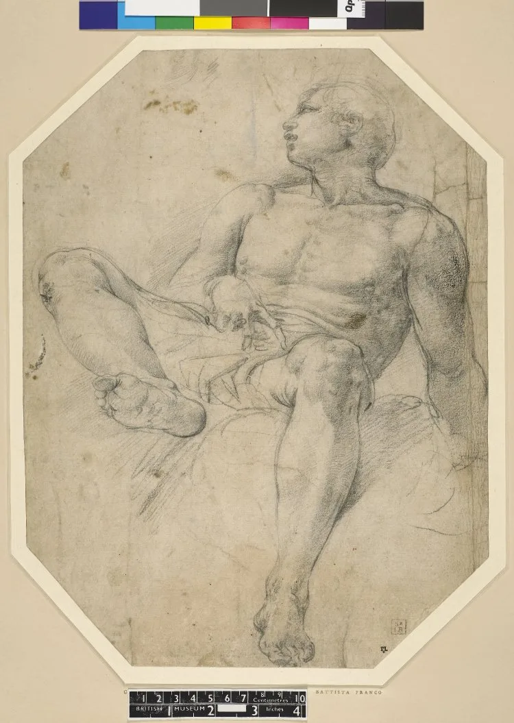 Battista Franco - A seated nude youth; WL, head in profile to l, his r leg raised, Pp,2.123