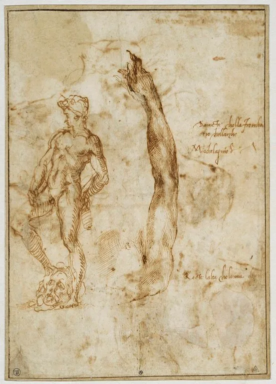Esquisse pour un David de profil à gauche, le pied posé sur la tête coupée de Goliath ; études d'une épaule et d'un bras droit
